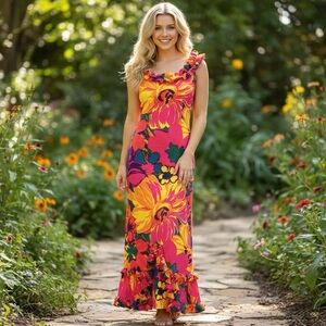 Vintage Sun Fashions Of Hawaii Honolulu Floral Ruffle Maxi Dress 1970’s Size XS